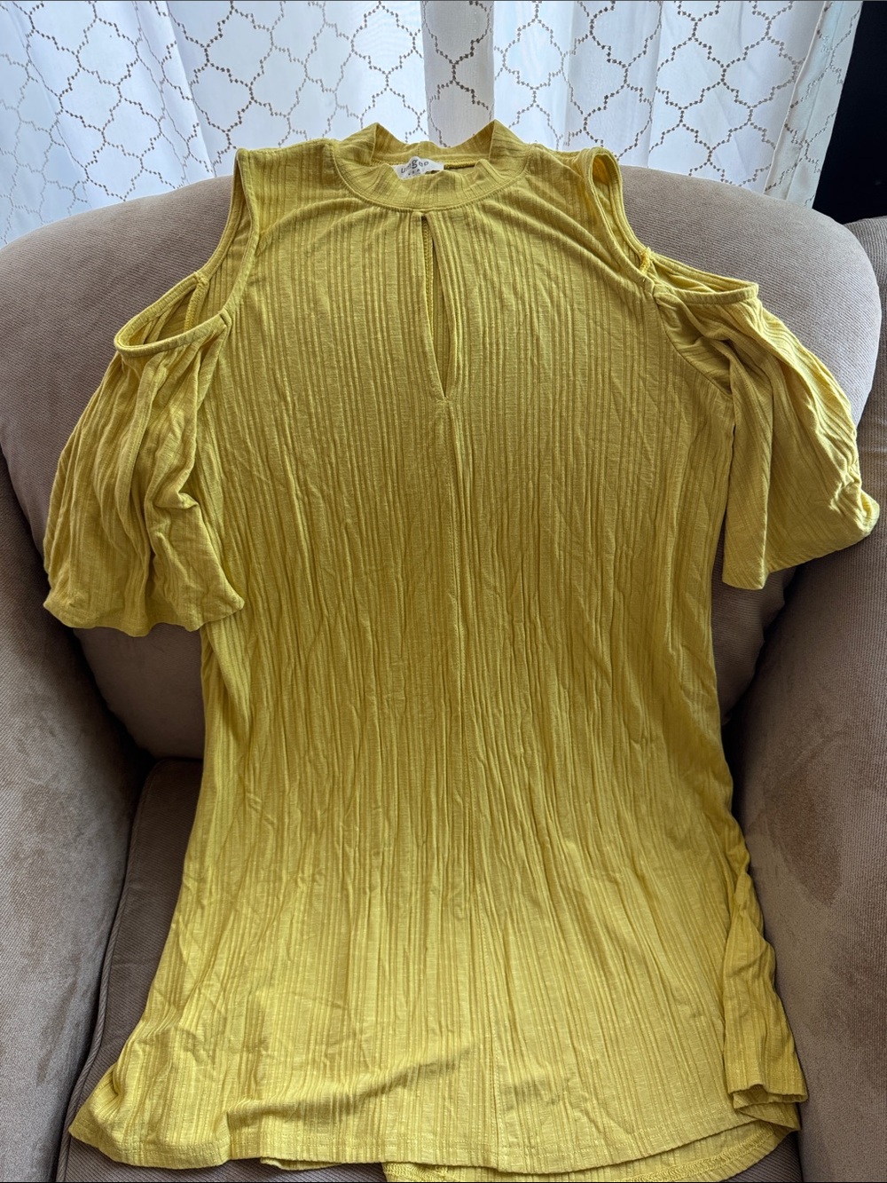 Umgee Mustard Yellow Cold-Shoulder Ribbed Tunic